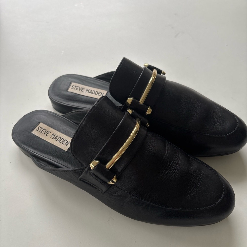Steve Madden Black Leather Slip-On Loafers with Gold Accents